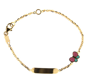 Solid 18k Yellow Gold Pink and Turquoise Butterfly ID Bracelet