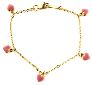 18K Yellow Gold Pink Heart Charm Bracelet 6 inch Youth